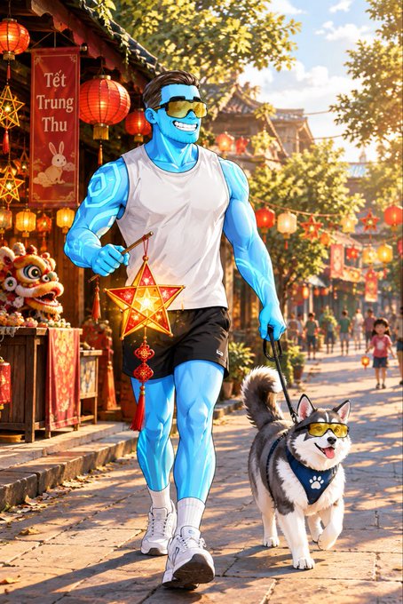 An illustrated 3D-style cartoon of a muscular blue-skinned man wearing sunglasses, a white tank top, and black shorts, walking a husky wearing sunglasses through a Vietnamese street with lanterns and a 'Tết Trung Thu' banner.