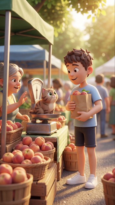 An animated scene shows a boy holding a paper bag of apples at an outdoor market, with a cat sitting on a scale next to a friendly vendor, surrounded by baskets of apples.