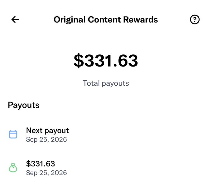 A screenshot of an "Original Content Rewards" page showing total payouts of $331.63, with both the upcoming and past payout scheduled for Sep 25, 2026. The image illustrates the creator's post celebrating how the two-week payout amount doubled, highlighting their impressive earnings from the platform.