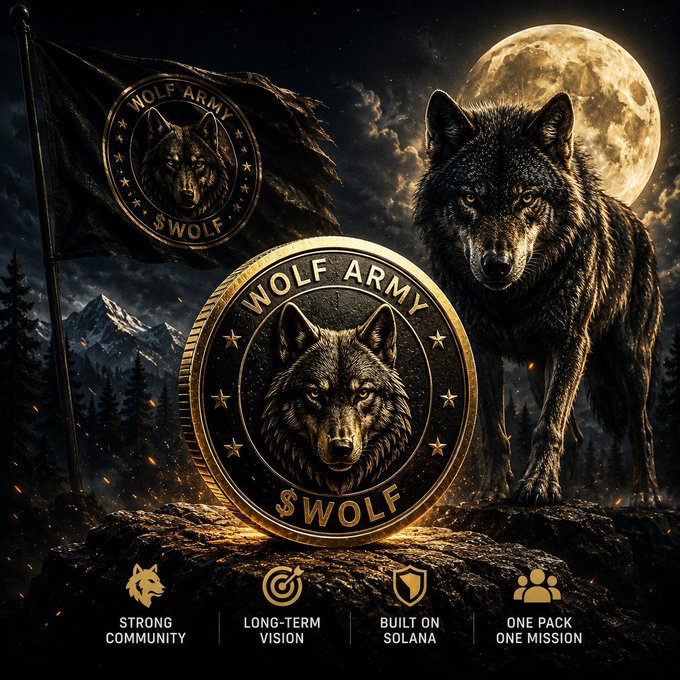 A promotional graphic for 'WOLF ARMY' ($WOLF), a cryptocurrency built on Solana, featuring a fierce wolf, a flag, a gold coin, and text highlighting 'STRONG COMMUNITY,' 'LONG-TERM VISION,' 'BUILT ON SOLANA,' and 'ONE PACK ONE MISSION.'