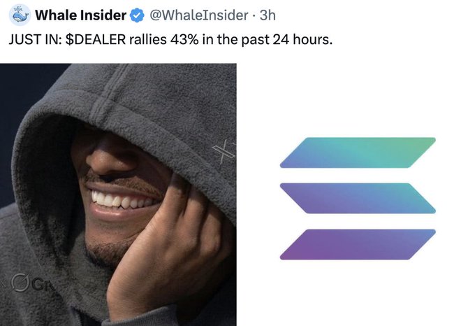 A tweet from Whale Insider (@WhaleInsider) reports "$DEALER rallies 43% in the past 24 hours," accompanied by an image of a smiling man in a hood next to the Solana (SOL) logo, visually reinforcing the post's playful encouragement to "run $Dealer up."
