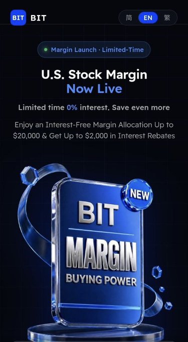 BIT promotes its newly launched U.S. Stock Margin feature with a limited-time offer of 0% interest on up to $20,000 in interest-free margin allocation, along with up to $2,000 in interest rebates, as highlighted by the "Margin Launch" banner and the "BIT MARGIN BUYING POWER" 3D graphic.