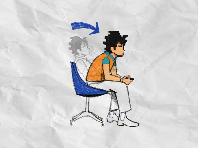 A pixel-art sketch on crumpled paper shows a person in an orange vest sitting on a blue chair, with a ghosted outline and arrow above their head suggesting movement or transformation.