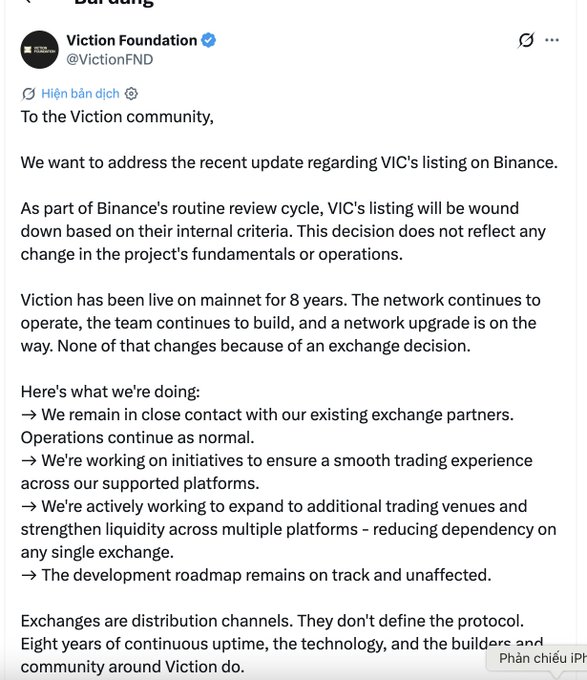 A tweet from 'Viction Foundation (@VictionFND)' addresses the Viction community about VIC's listing being wound down on Binance, stating this decision doesn't reflect changes in the project's fundamentals.