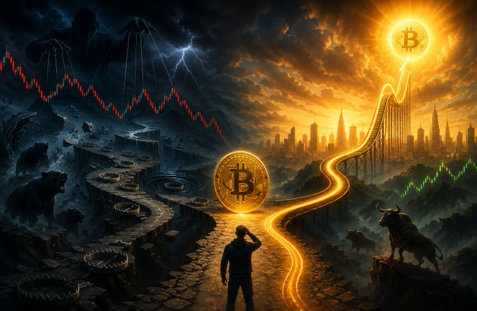 A lone figure stands at a crossroads, facing a massive glowing Bitcoin symbol, with one path leading down through a dark, bearish landscape of red candles and falling debris, and another path illuminated in gold rising toward a city skyline and a radiant Bitcoin sun — visually capturing the post's theme of confusion between expecting a new bull cycle from the $60K "bottom" versus an imminent all-time high.