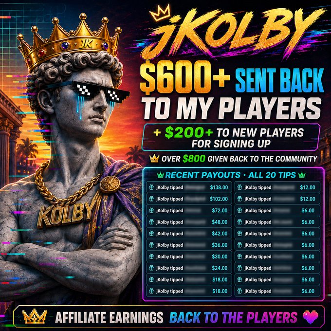 The promotional graphic features a marble statue of "JKOLBY" wearing a crown, pixelated sunglasses and crying, set against a vibrant sunset with glitch effects. It advertises "$600+ SENT BACK TO MY PLAYERS" and "$200+ TO NEW PLAYERS FOR SIGNING UP," displaying a list of 20 recent payouts ranging from $6 to $138, with "AFFILIATE EARNINGS BACK TO THE PLAYERS" at the bottom—visually reinforcing the message of returning YEET affiliate commissions to the community.