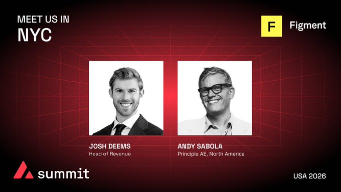 A promotional graphic reading 'MEET US IN NYC' for 'Summit USA 2026' featuring headshots of Josh Deems (Head of Revenue) and Andy Sabola (Principle AE, North America) with the Figment logo.
