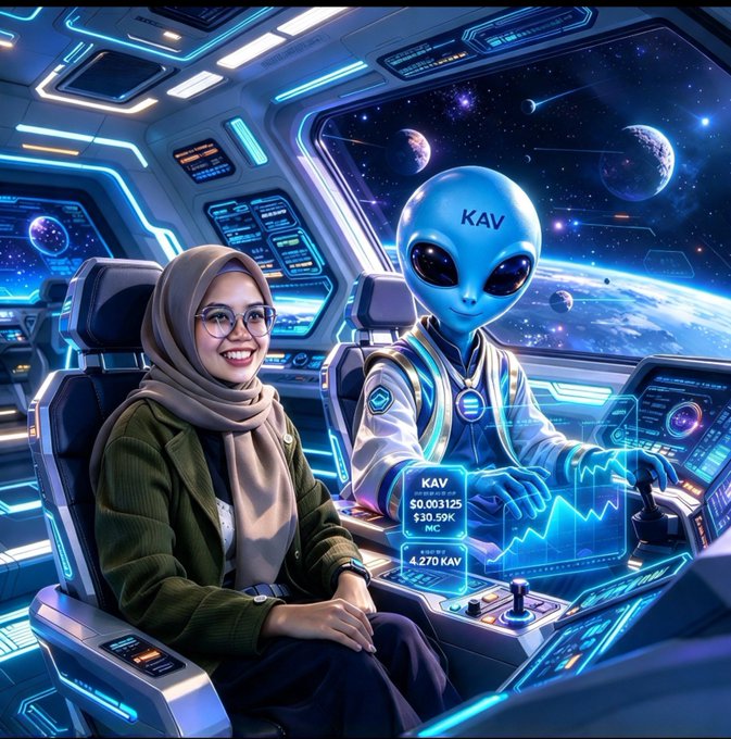 An AI-generated image showing a smiling woman wearing a hijab and glasses sitting next to a blue alien labeled 'KAV' in a futuristic spaceship cockpit with a view of planets and space.