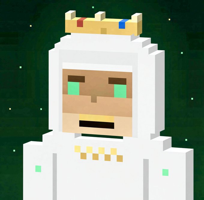 A Minecraft pixel art portrait of a white-robed figure wearing a golden crown, with green eyes and a golden necklace.