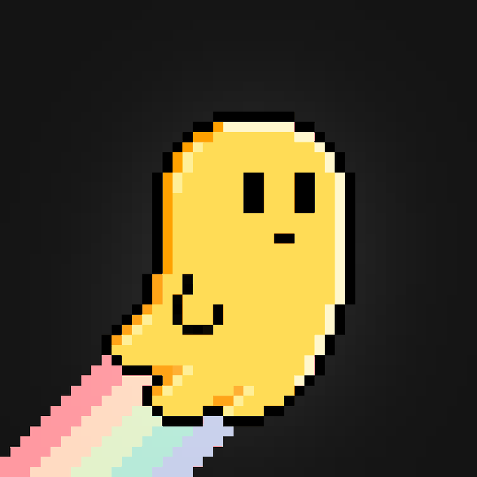 A pixel art illustration of a yellow banana character with a face, smiling and holding what appears to be a rainbow-colored object, set against a black background.
