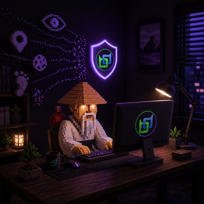 A pixel art 3D rendering of a bearded character wearing a straw hat working at a computer desk in a dark room, with a glowing neon shield logo on the wall and digital code-like patterns in the background.