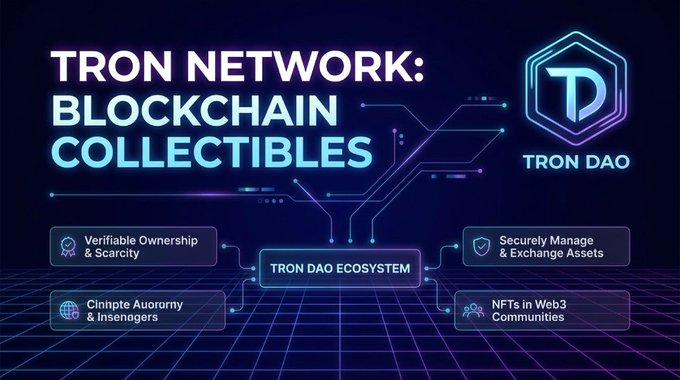 A promotional graphic for 'TRON NETWORK: BLOCKCHAIN COLLECTIBLES' featuring the TRON DAO logo and listing features like Verifiable Ownership & Scarcity, Securely Manage & Exchange Assets, Crypto Authority & Insengers, and NFTs in Web3 Communities.