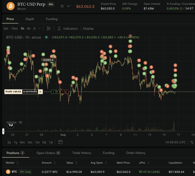 A cryptocurrency trading platform displays a BTC-USD Perpetual chart at $63,062.5 with an active long position of 0.2377 BTC showing a profit of +$0.62 (0.124%).
