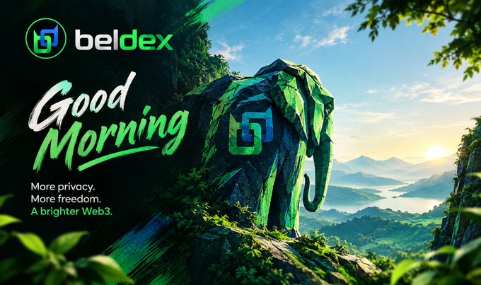 A promotional banner for Beldex featuring a geometric elephant statue overlooking a mountain landscape, with text reading 'Good Morning - More privacy, More freedom, A brighter Web3.'