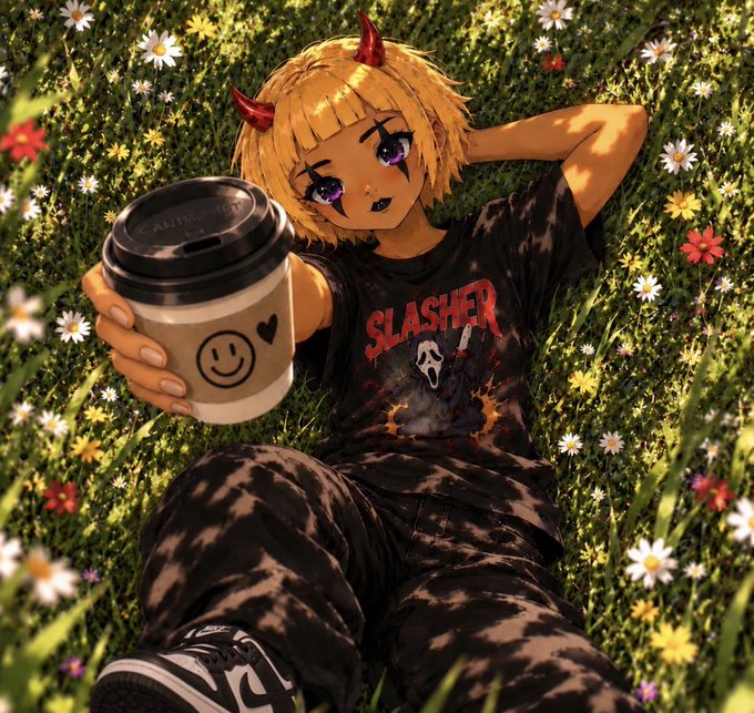 An anime-style character with blonde hair, red horns, and a 'SLASHER' shirt lies in a flower-filled meadow while holding a coffee cup.