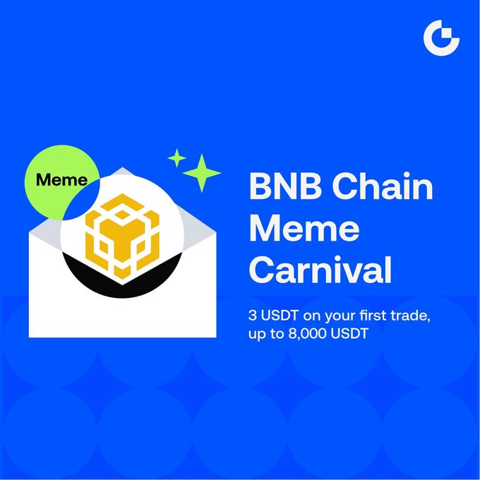 The image is a promotional graphic for the "BNB Chain Meme Carnival," featuring an open envelope with a BNB chain logo and a green "Meme" badge against a blue background, advertising "3 USDT on your first trade, up to 8,000 USDT" — visually reinforcing the post's welcome gift and trading incentive campaign.