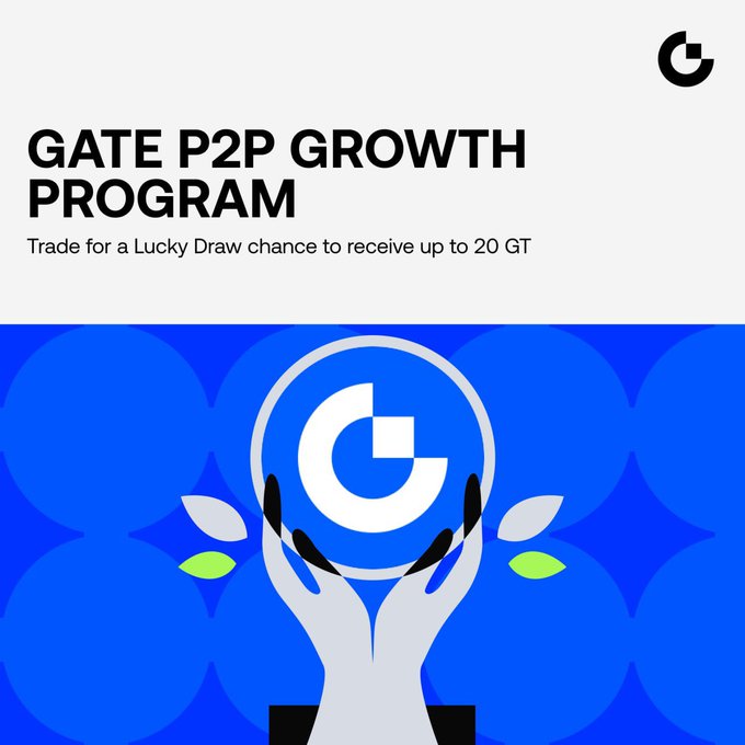 A promotional graphic for the 'GATE P2P GROWTH PROGRAM' featuring an illustration of hands holding a large GT coin, offering a lucky draw chance to receive up to 20 GT.