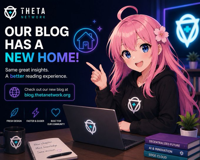 A promotional banner for Theta Network announcing 'OUR BLOG HAS A NEW HOME!' featuring an anime-style pink-haired character pointing at the text, with blog.thetanetwork.org URL and featured book titles like 'Decentralized Future' and 'AI & Innovation'.