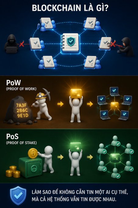An infographic titled "BLOCKCHAIN LÀ GÌ?" explaining blockchain concepts, comparing Proof of Work (PoW) with mining and Proof of Stake (PoS) with coin staking, with footer text "LÀM SAO ĐỂ KHÔNG CẦN TIN MỘT AI CỤ THỂ, MÀ CẢ HỆ THỐNG VẪN TIN ĐƯỢC NHAU."