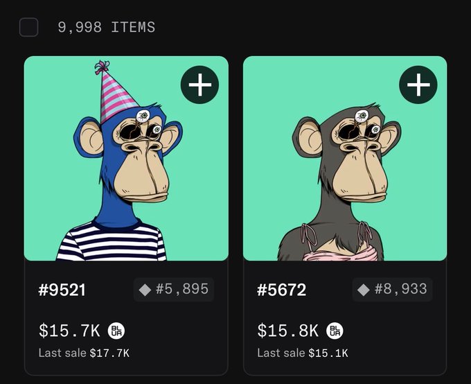 An NFT marketplace interface displaying 9,998 items, featuring two cartoon monkey avatars on green backgrounds, with one wearing a party hat (NFT #9521, $15.7K) and the other being darker (NFT #5672, $15.8K).