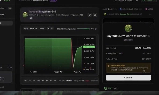 A cryptocurrency trading interface displays the token 'baocanihmyphon' (HIMAIPHE) with a price chart and a trade confirmation popup to buy 100 CNPY worth.