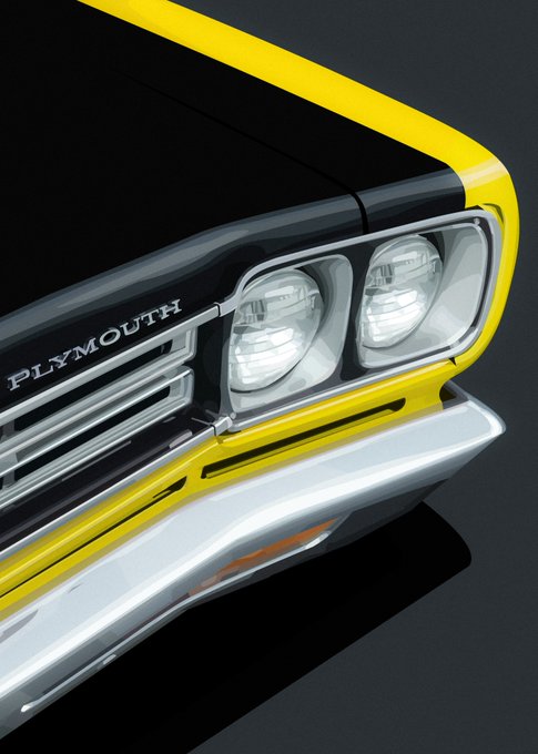 A close-up illustration of a vintage yellow Plymouth car's front grille and headlights, with the 'PLYMOUTH' badge clearly visible.