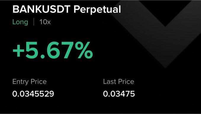 A trading dashboard shows a BNKUSDT Perpetual long position with 10x leverage yielding a +5.67% gain, entered at 0.0345529 and currently priced at 0.03475, visually confirming the profitable "high volatile trade" dip buy mentioned in the post.