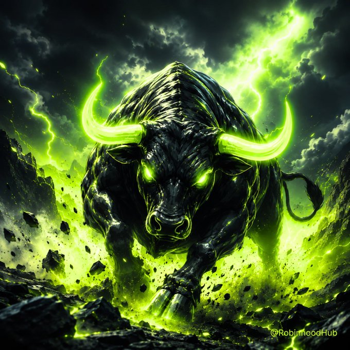 A digital artwork shows a powerful black bull with glowing green horns and eyes charging forward amid green lightning and debris, watermarked @RobimoodHub.
