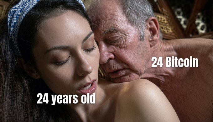 A stylized image of a young woman and older man in an intimate pose, with text labels "24 years old" and "24 Bitcoin" displayed prominently.