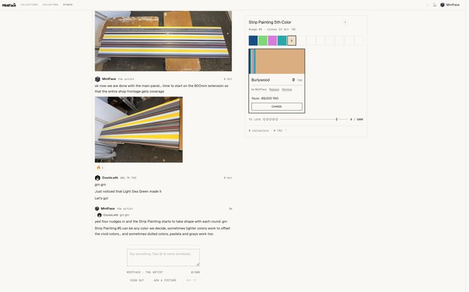 A Reddit thread screenshot showing users discussing 5th color stripe painting for a Minifreak synth, with a color picker panel on the right showing 'Burlywood' (#DEB887).