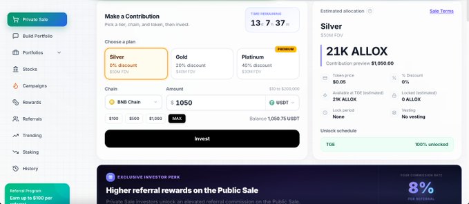 A cryptocurrency investment platform interface showing a "Make a Contribution" form for the ALLOX token private sale, with the Silver tier selected (0% discount, minimum $100), $1,050 USDT contribution on BNB Chain, and an estimated allocation of 21K ALLOX tokens at $0.05 each, while 13 days remain in the sale. The interface also displays an 8% exclusive referral commission rate for higher referral rewards on the public sale.