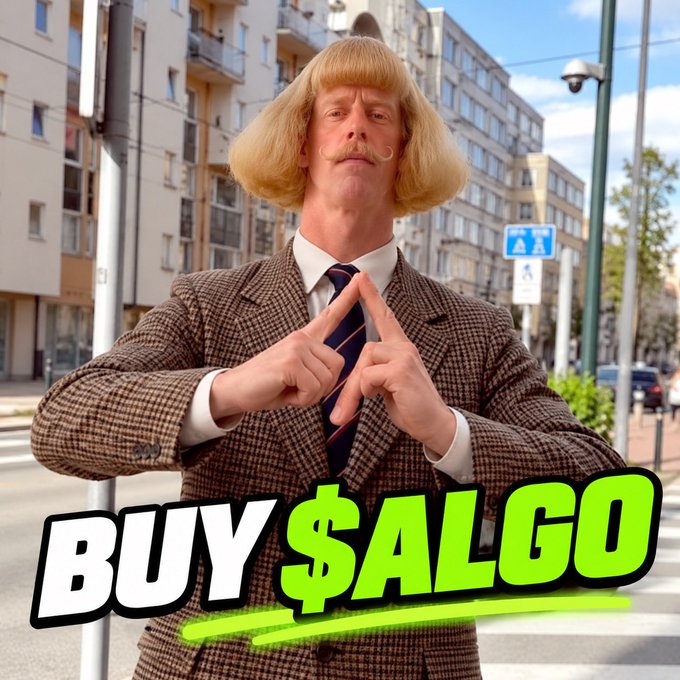 A man in a brown plaid suit with a blonde bowl haircut and curled mustache stands on a city street making a finger gesture, with bold green and white text reading 'BUY $ALGO' overlaid at the bottom.