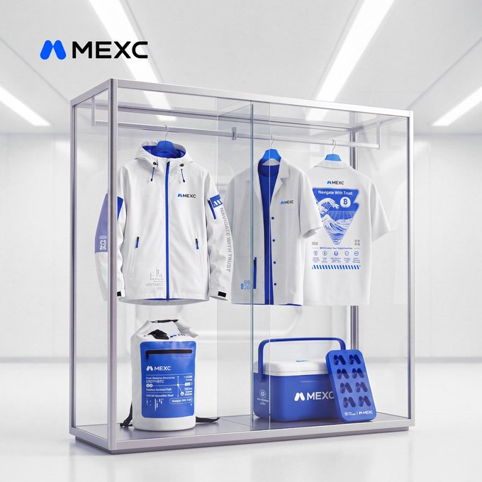 A glass display case showcases MEXC branded merchandise, including a white and blue hooded jacket, a short-sleeve button-up shirt, a 'Mongas Wild Thug' t-shirt, and branded accessories like a cooler bag and ice tray.