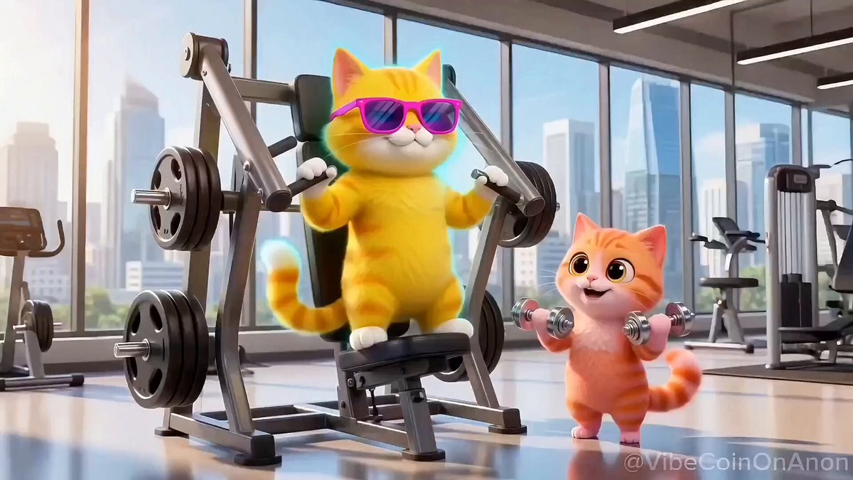 The image features two cartoon cats wearing sunglasses and working out together at a gym with weights. One cat is lifting weights while the other cat is standing next to her. The caption for this image reads "Building Strength, Keeping the Vibes."