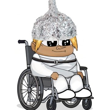 A cartoon character with blonde hair wearing sunglasses, white clothing, and a foil hat sits in a wheelchair against a white background.