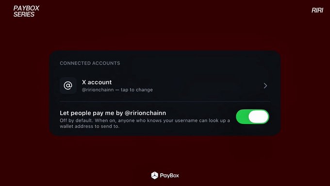 A PayBox Series app screen displaying connected accounts with an X account (@ririonchainn) and a toggle enabled for 'Let people pay me by @ririonchainn'.