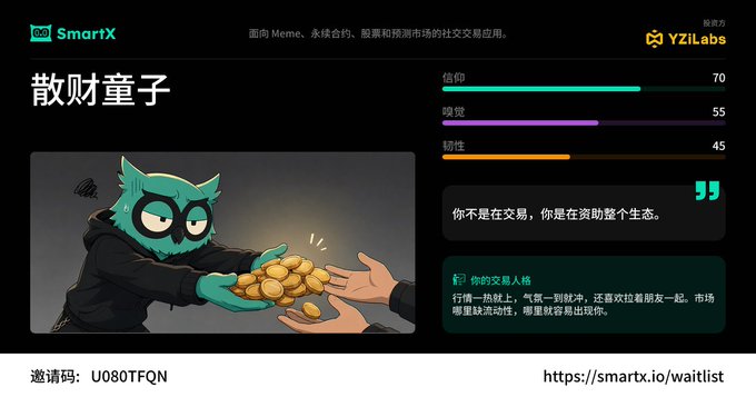 A character profile page from smartx.io features "散财童子" (Money-Dispensing Boy), an owl-like avatar shown handing gold coins to another person, with stat bars showing 信念 (Belief): 70, 嗅觉 (Instinct): 55, 韧性 (Resilience): 45, and an invite link U080TFQN for joining the waitlist. The image promotes the SmartX/YZiLabs waitlist registration with the quote "你不是在交易，你是在资助整个生态" (You're not trading, you're funding the entire ecosystem), directly supporting the post's call to join via smartx.io/waitlist.