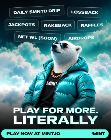 A promotional advertisement featuring a polar bear in a teal puffer jacket wearing sunglasses and a gold chain, with text promoting MINT.io gambling features including 'DAILY $MNTD DRIP', 'LOSSBACK', 'JACKPOTS', 'RAKEBACK', 'RAFFLES', 'NFT WL (SOON)', and 'AIRDROPS', with the tagline 'PLAY FOR MORE. LITERALLY' and 'PLAY NOW AT MINT.IO'.
