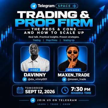 A Telegram Space event flyer titled 'TRADING & PROP FIRM' featuring host 'DAVINNY' (@da_vinny01) and speaker 'MAXEN.TRADE' (@maxen_trade) on Sept 12, 2026 at 7:30 PM Nigeria time.