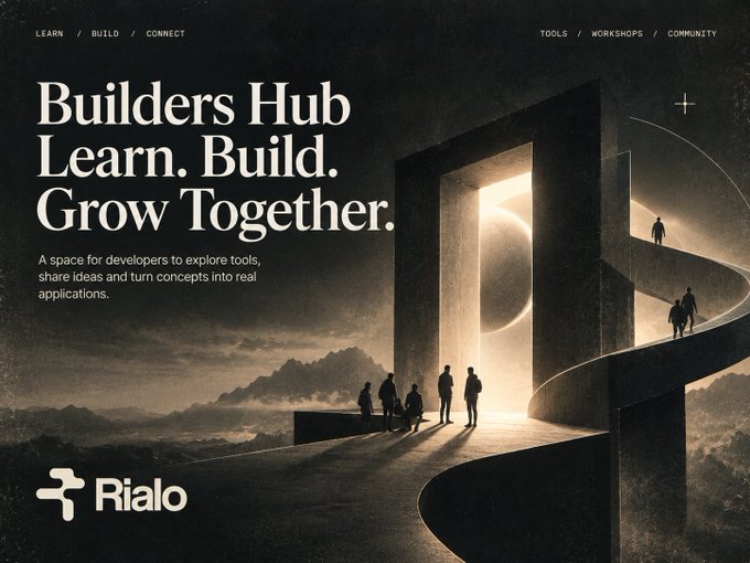 A dark-toned promotional graphic for 'Rialo Builders Hub' with the tagline 'Learn. Build. Grow Together,' depicting silhouettes of people walking toward a glowing portal.