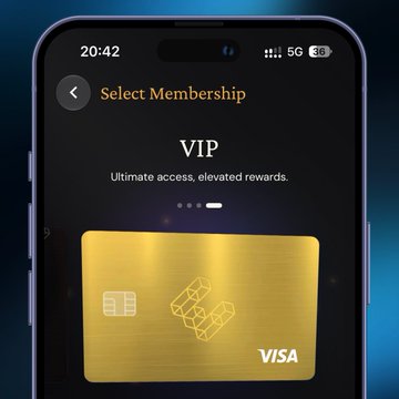 A smartphone screen displays a 'Select Membership' page for 'VIP' with the text 'Ultimate access, elevated rewards.' above a gold Visa card.