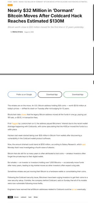 A news article titled "Nearly $32 Million in 'Dormant' Bitcoin Moves After Coldcard Hack Reaches Estimated $130M" by Matina Stevis of Fortune, dated August 4, 2024.