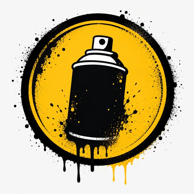 A graffiti-style illustration of a black spray paint can on a yellow circular background with black paint drips.