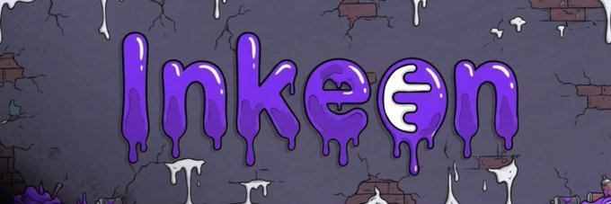A stylized graffiti-style logo spelling 'Inkeon' in dripping purple letters against a cracked brick wall background with drips of white paint.