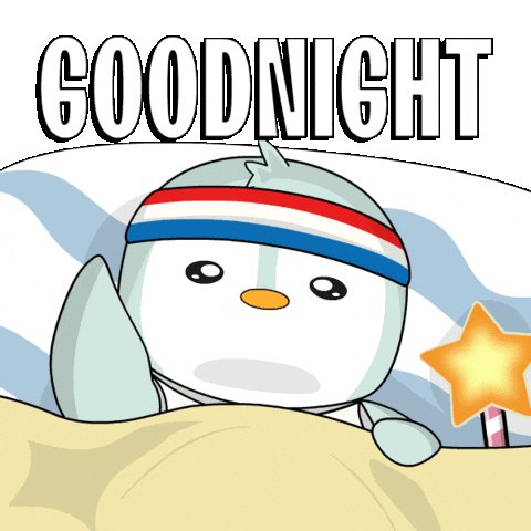 The image features a cartoon penguin sitting comfortably on top of a bed with a white comforter. The penguin has a blue headband and a red, white, and blue striped hat. Above the penguin's head, there is text that reads "Good night", and below it, there are two stars. The post also includes a link to the image on its website.