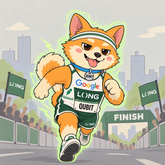 An anime-style illustration of an orange Shiba Inu dog running in a race, wearing a racing bib with 'Google', 'Robinhood', 'LONG', and 'QUBIT' logos, approaching a 'FINISH' line.
