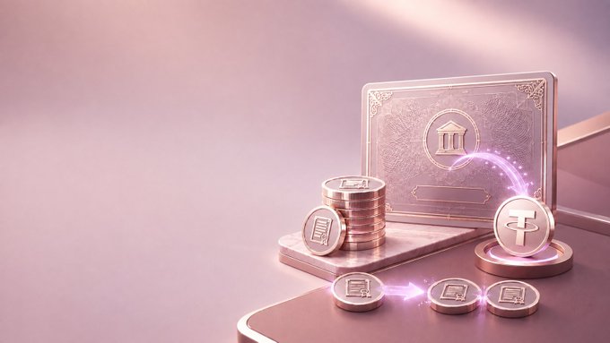 A 3D rendered image displays stacks of rose-gold coins and a metallic card or laptop with a classical building emblem on a pink surface, with one coin showing a "T" symbol emitting glowing light trails.