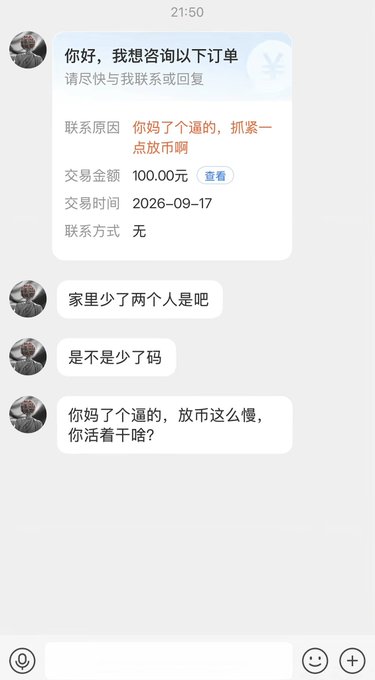 A Chinese customer service chat where a frustrated user complains about slow coin releases ("你妈了个逼的，抓紧一点放币啊"), noting a 100.00元 transaction dated 2026-09-17, and later urges faster action ("放币这么慢，你活着干啥?"), aligning with the post's context of a desperate seller facing liquidation after a delayed deposit.
