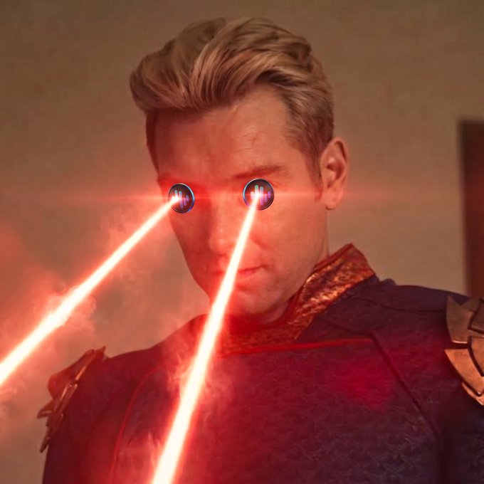 An edited image of Homelander from 'The Boys' with glowing red laser beams shooting from his eyes.