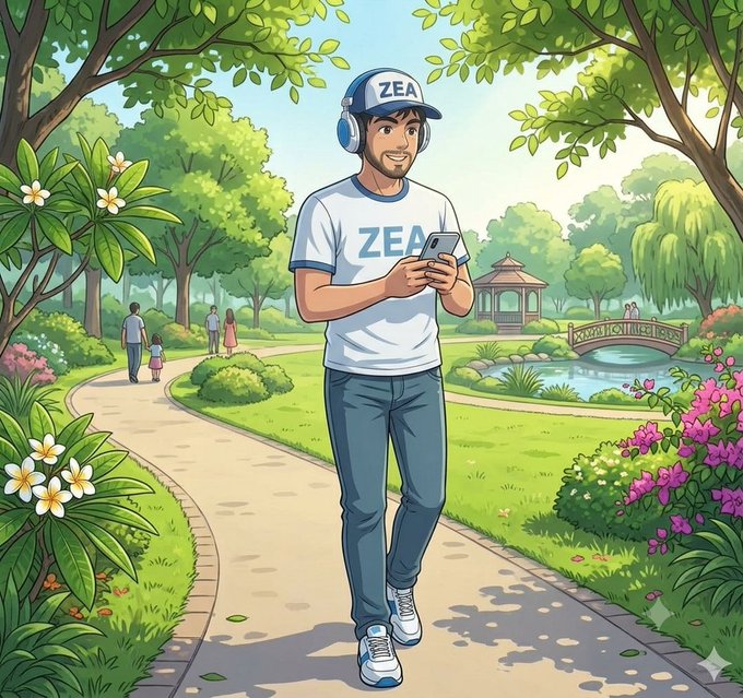 An animated illustration of a smiling young man walking through a lush park while looking at his phone, wearing a blue cap and a white t-shirt both branded with the logo 'ZEA'.